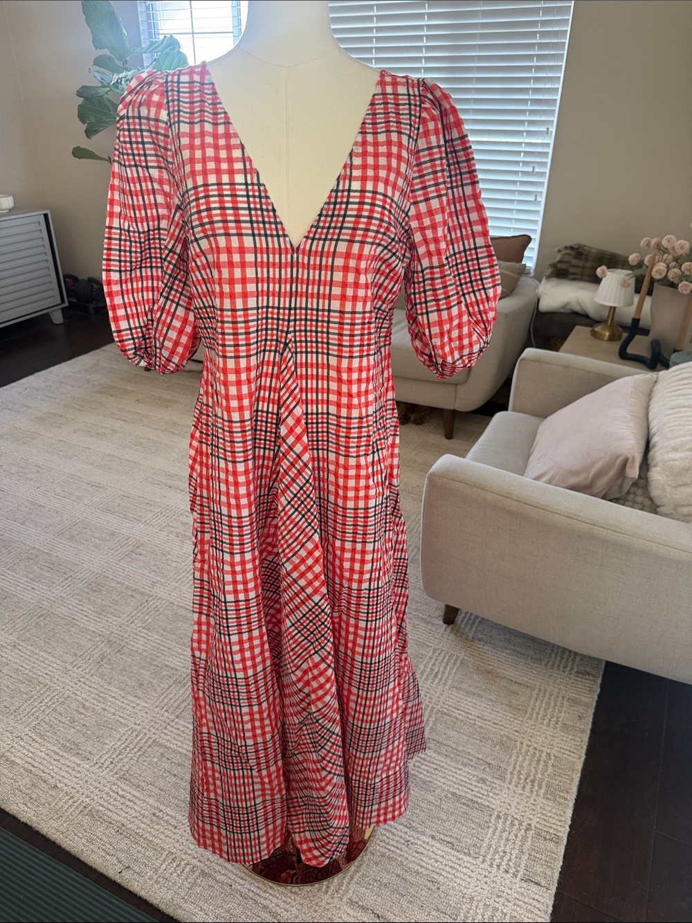 Ganni Red and Black Plaid Maxi Dress